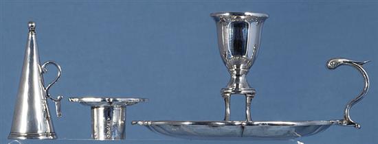 A pair of early Victorian silver chambersticks with conical snuffers, Height 4”/103mm Diameter 6”/155mm Combined weight 25.6oz/727gr